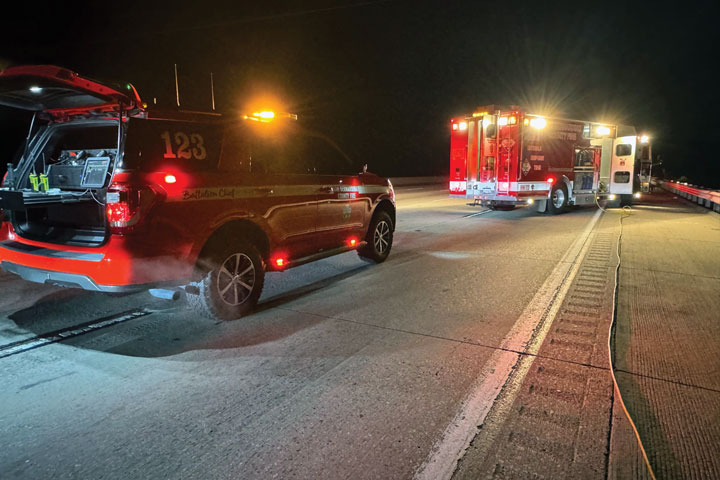 SBC Firefighters responded to an early morning accident, finding a tanker truck the went over the side of the I15 freeway in the Cajon Pass.