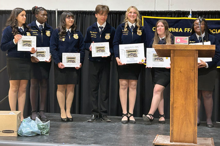 The outgoing Serrano FFA Officer Team from left to right: Historian - Marissa Velasquez, Reporter - Abi Traore, Treasurer - Juliette Flores, Secretary - Caleb Bordeaux, Vice President - Chloe Westerkamp, Vice President - Kaitlyn Margis, and President - Mia Johnson