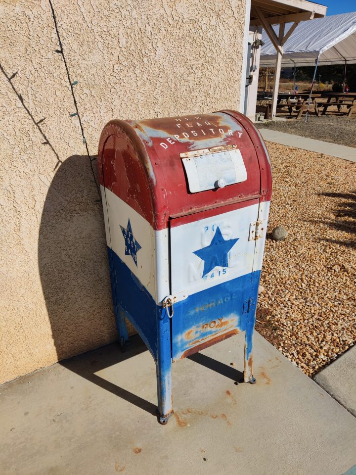 Flags that are no longer usable and are in need of proper retirement can be brought to the VFW and placed in this box, right outside the building entrance.