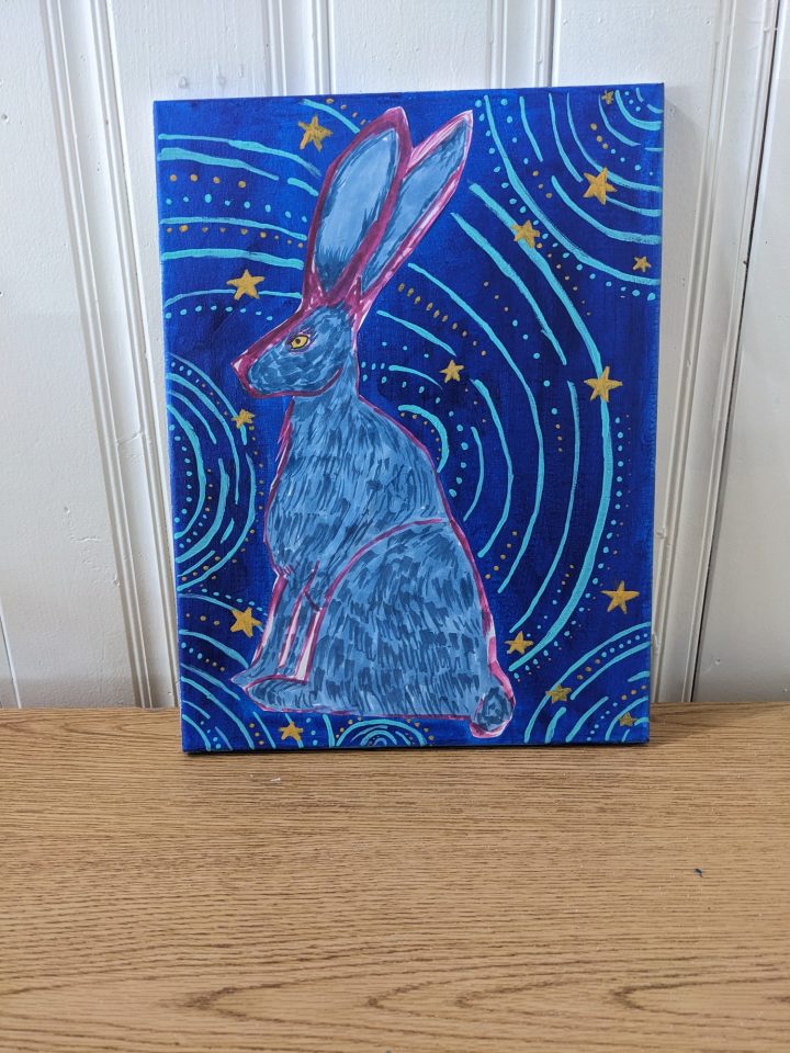 A whimsical rabbit painting will be one of the art creations available for purchase during the opening art exhibition for Desi La Bounty. (photo by Desi La Bounty)
