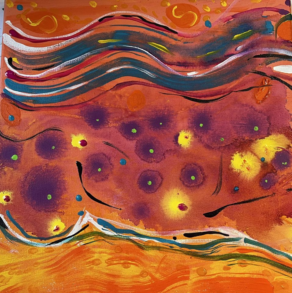 Suzi's art exhibit will include watercolors, crochet pieces, and dynamic acrylic paintings.