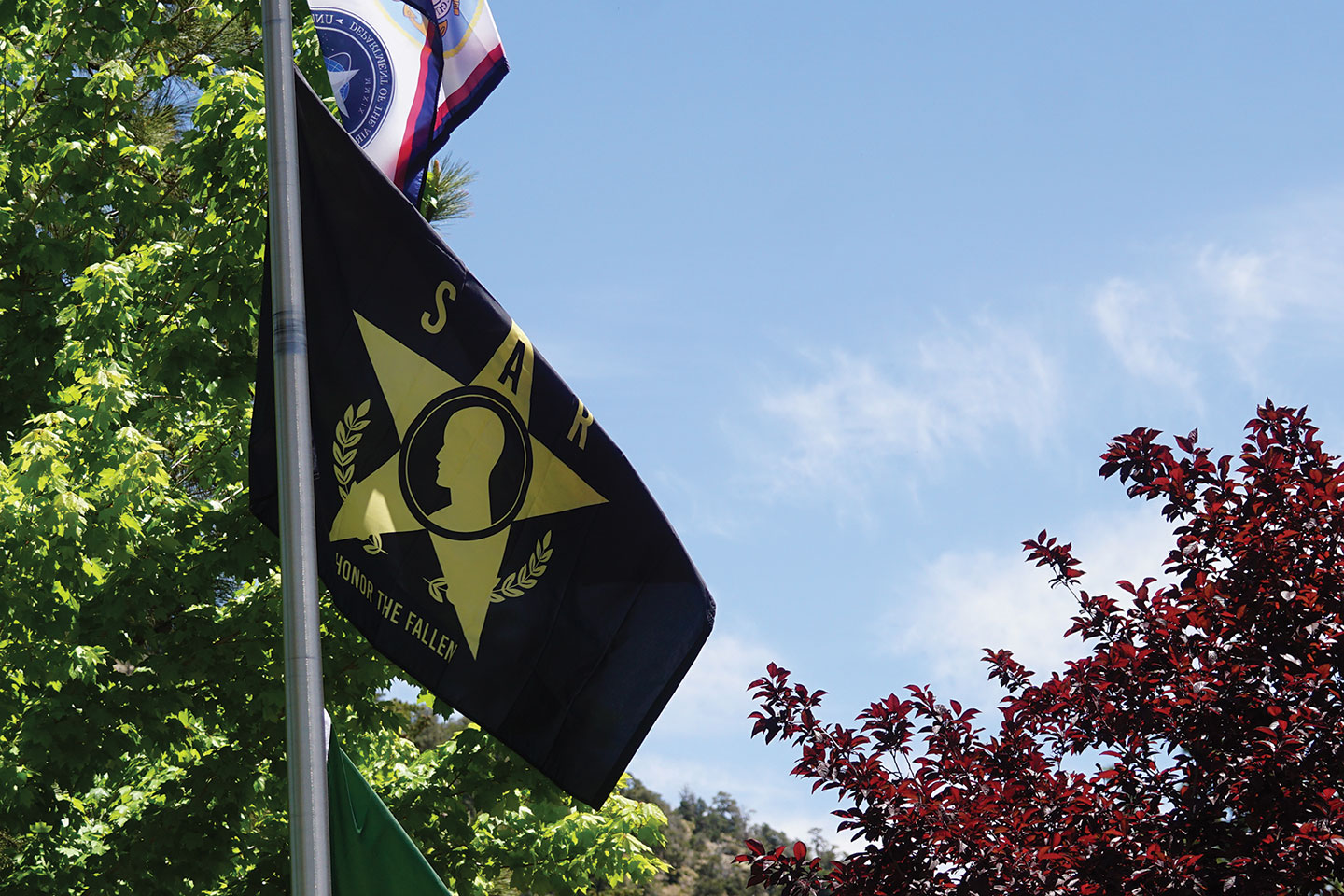 The Suicide Awareness and Remembrance (SAR) Flag waves against a picturesque backdrop during the Memorial Day ceremony in Wrightwood. The flag represents a growing national effort to honor veterans lost to suicide and end the stigma surrounding mental health.