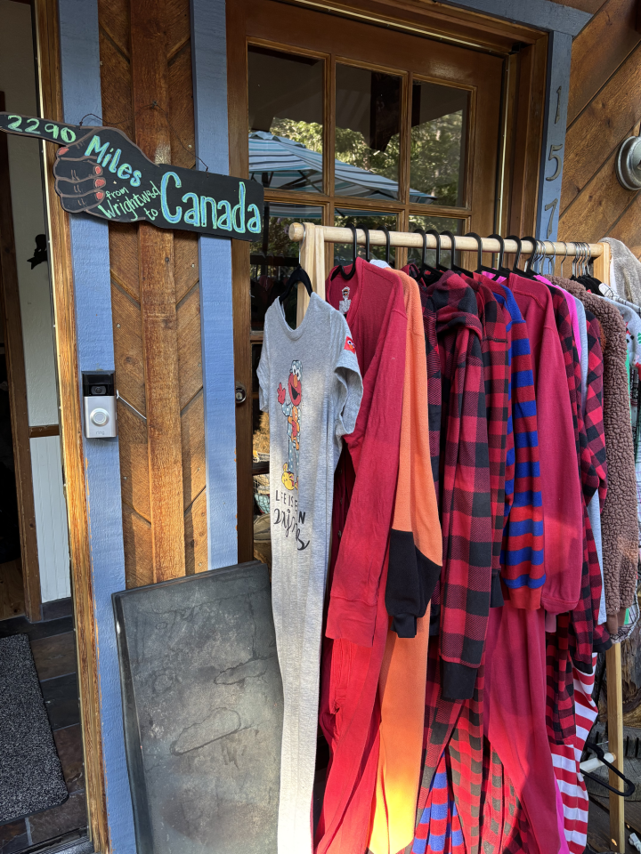A rack of fun pajamas greet the PCT hikers when they book a stay Wrightwood Getaway's rental properties (Photo by Arlene Corte)