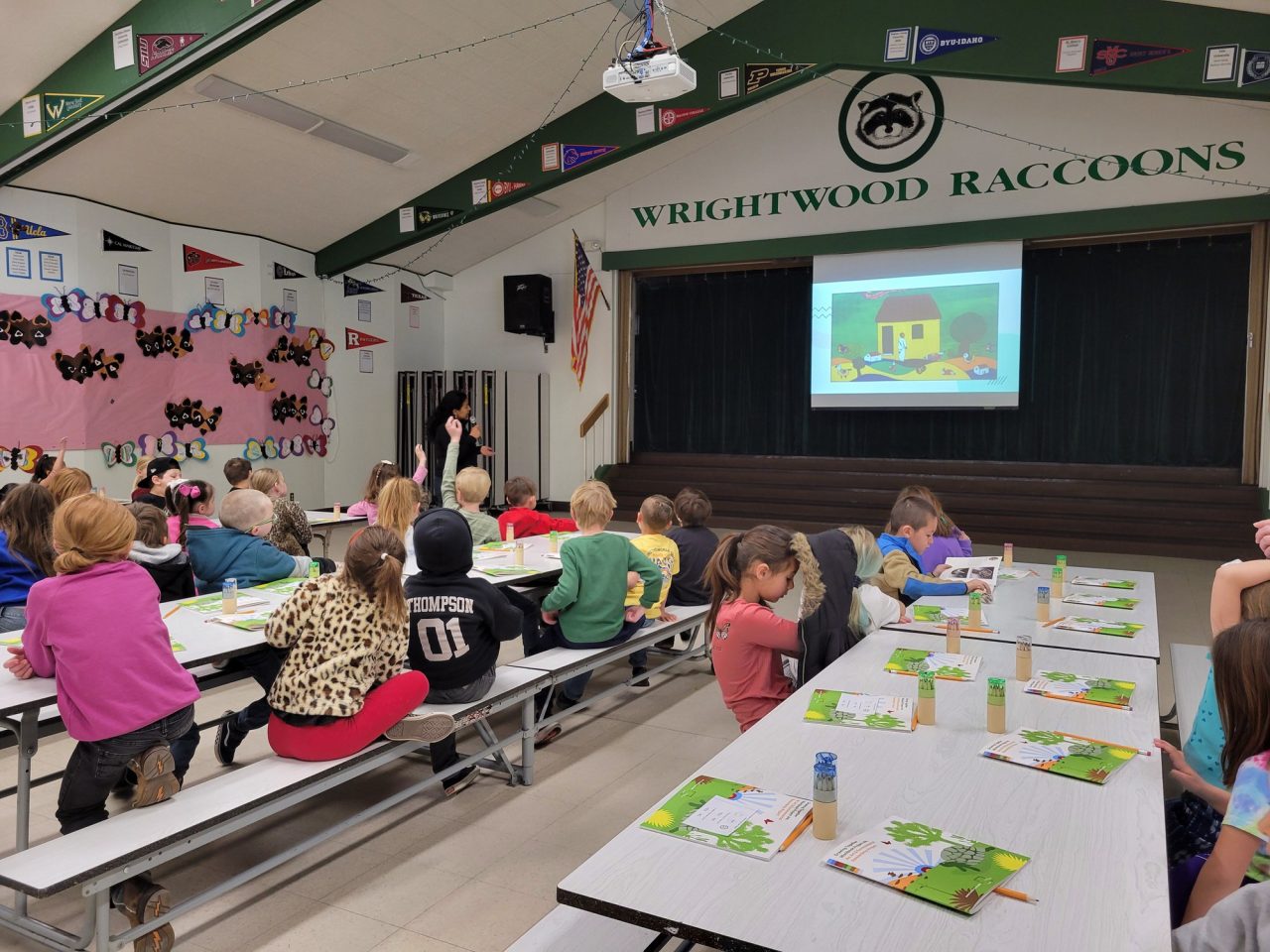 A past art assembly at Wrightwood Elementary using one of the Drawing Together workbooks.