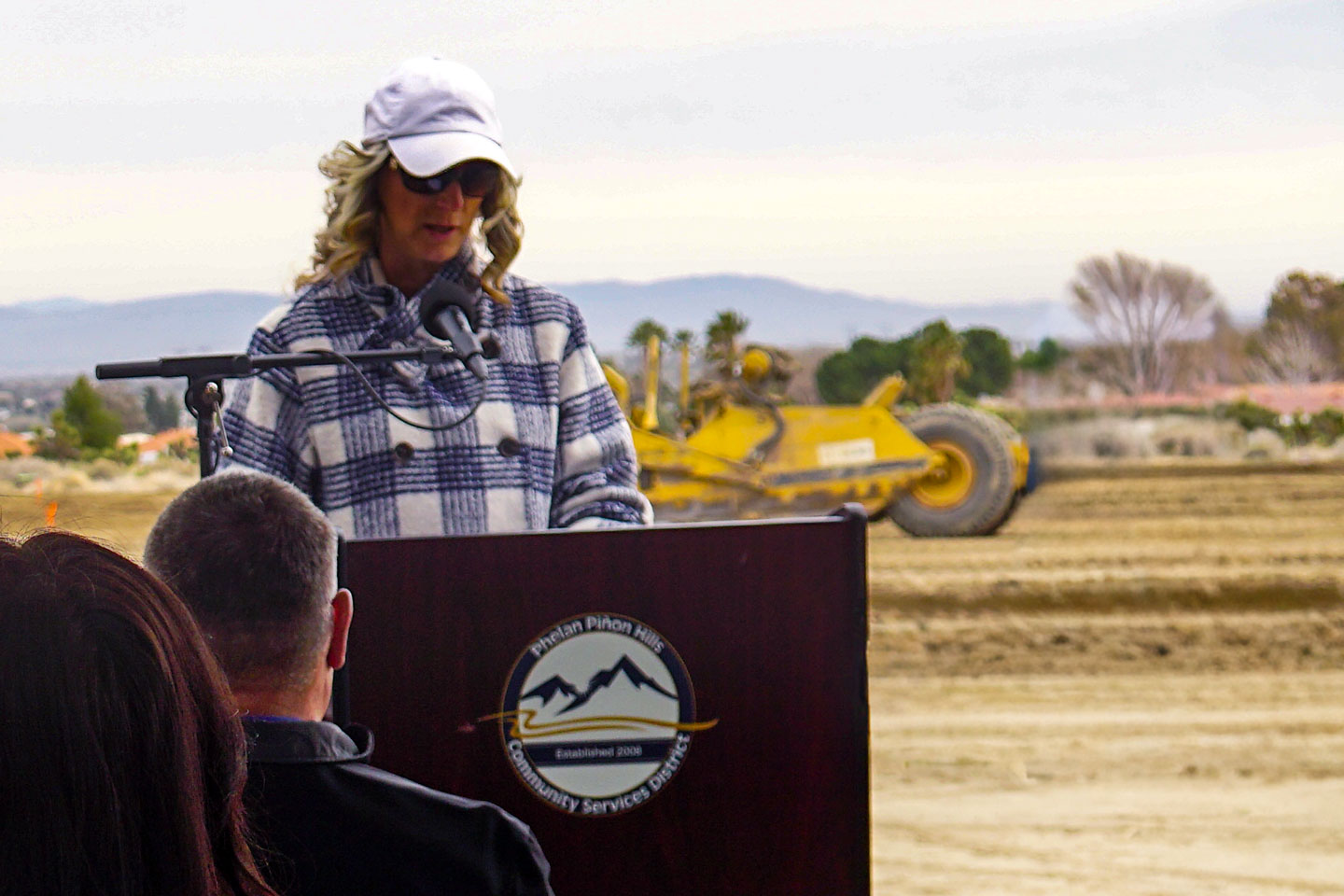Rebecca Kujawa, president of the Phelan Piñon Hills Community Services District board, speaks during the Feb. 10 groundbreaking ceremony for the district’s new Civic Center and Emergency Operations Center.